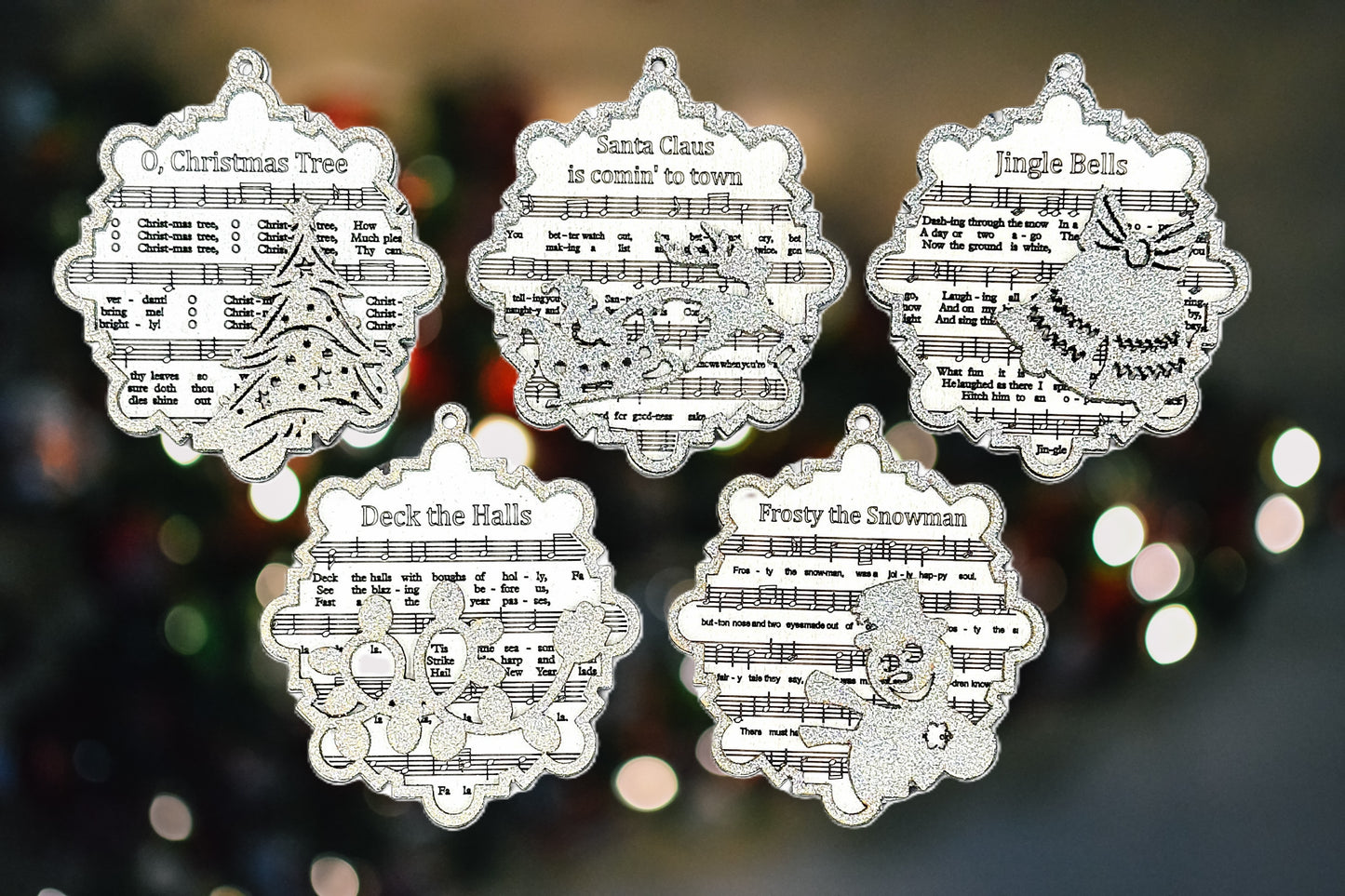Laser-Cut Wooden Christmas Ornaments – Set of 5 Christmas Songs