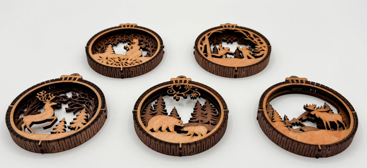 Laser-Cut Wooden Christmas Ornaments – Set of 5 Winter Scenes
