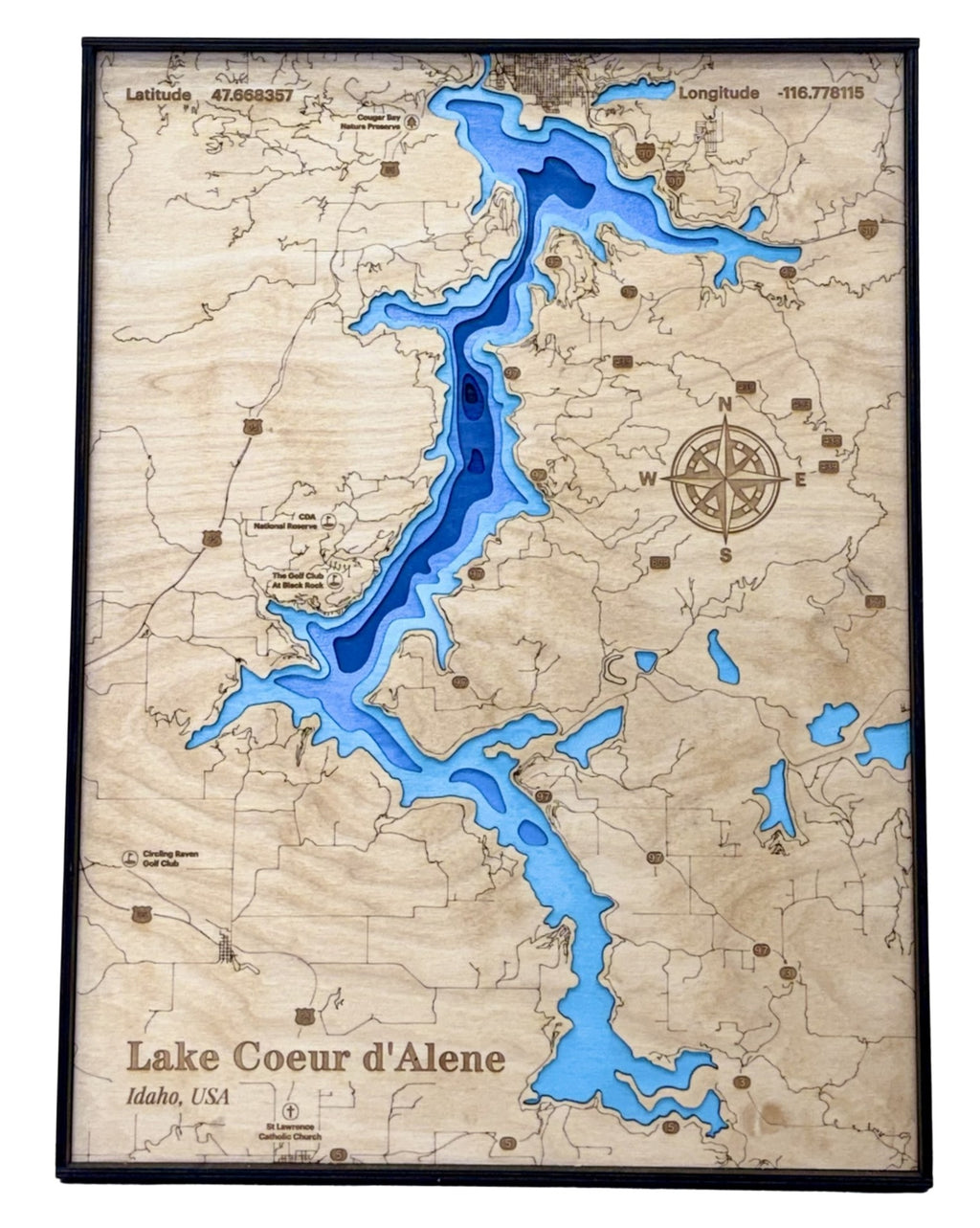 Lake Coeur d’Alene 3D Wood Topography Map