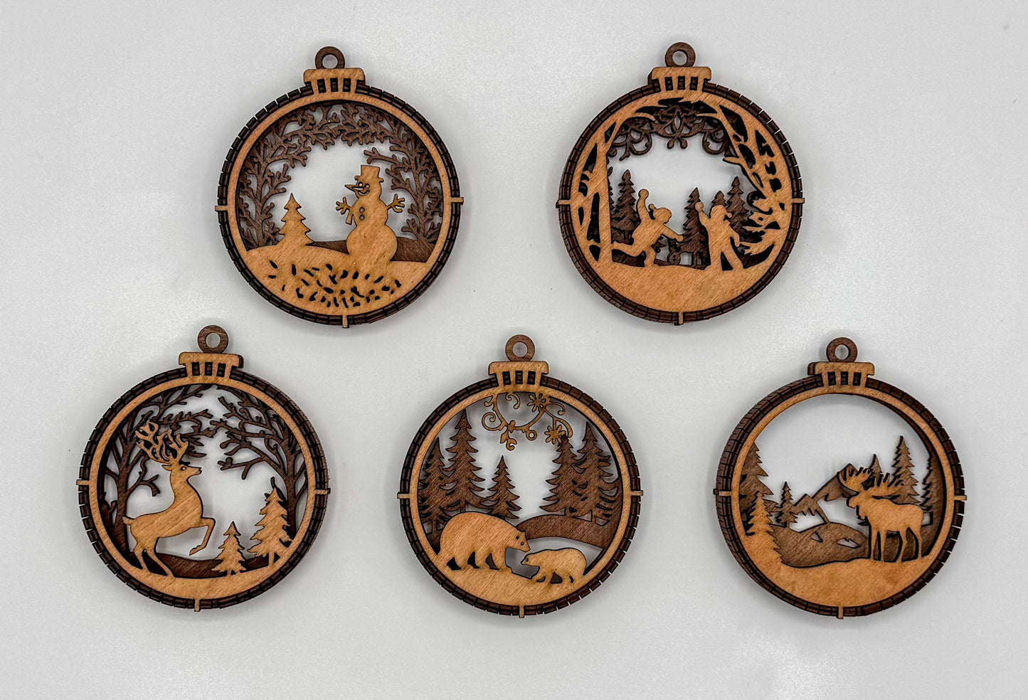Laser-Cut Wooden Christmas Ornaments – Set of 5 Winter Scenes