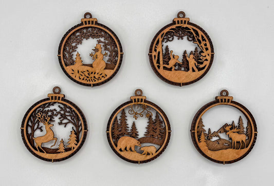 Laser-Cut Wooden Christmas Ornaments – Set of 5 Winter Scenes