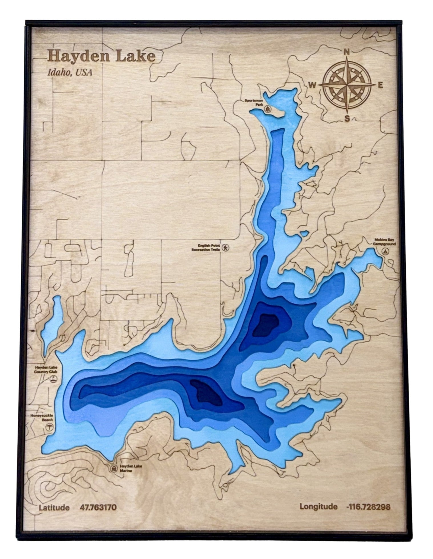Hayden Lake 3D Wood Topography Map