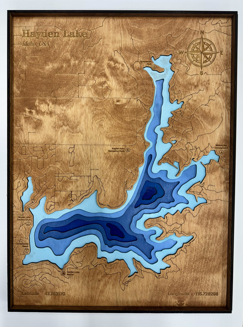 Hayden Lake 3D Wood Topography Map