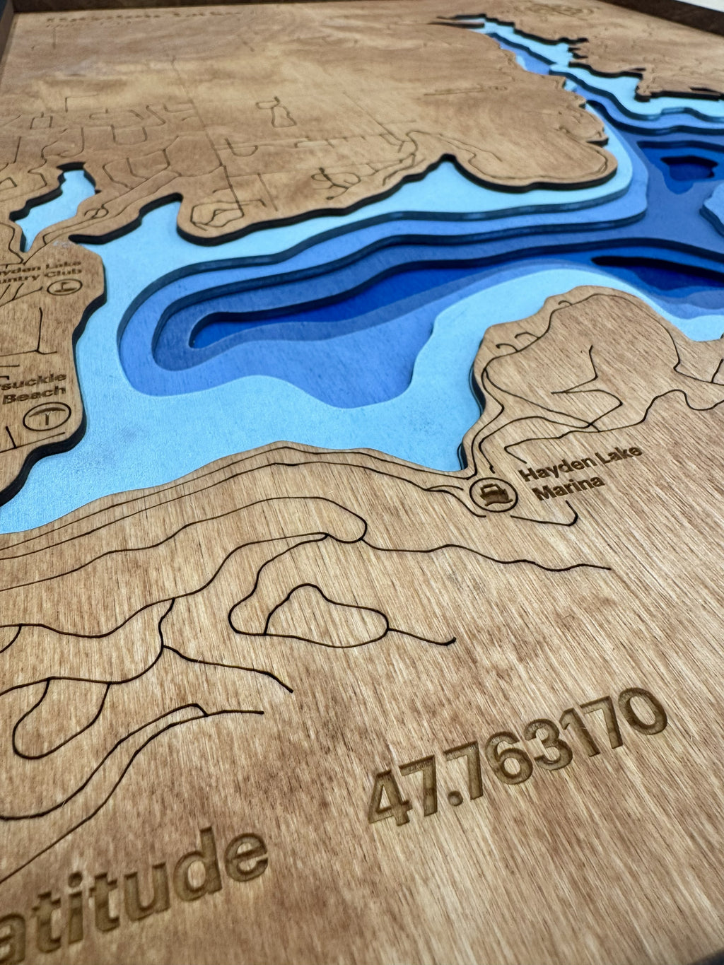 Hayden Lake 3D Wood Topography Map