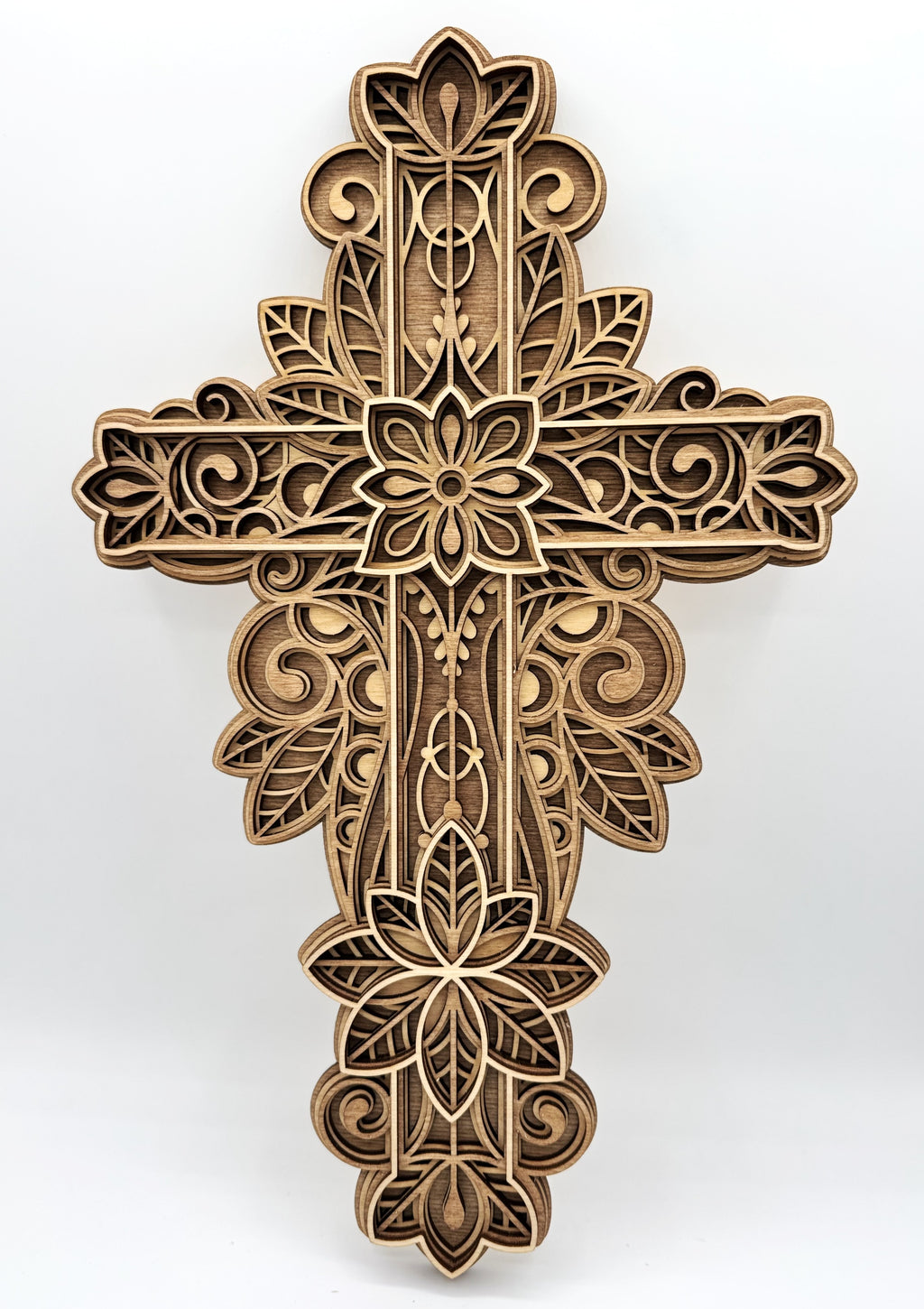 3D Ornate Layered Floral Wood Cross Filigree