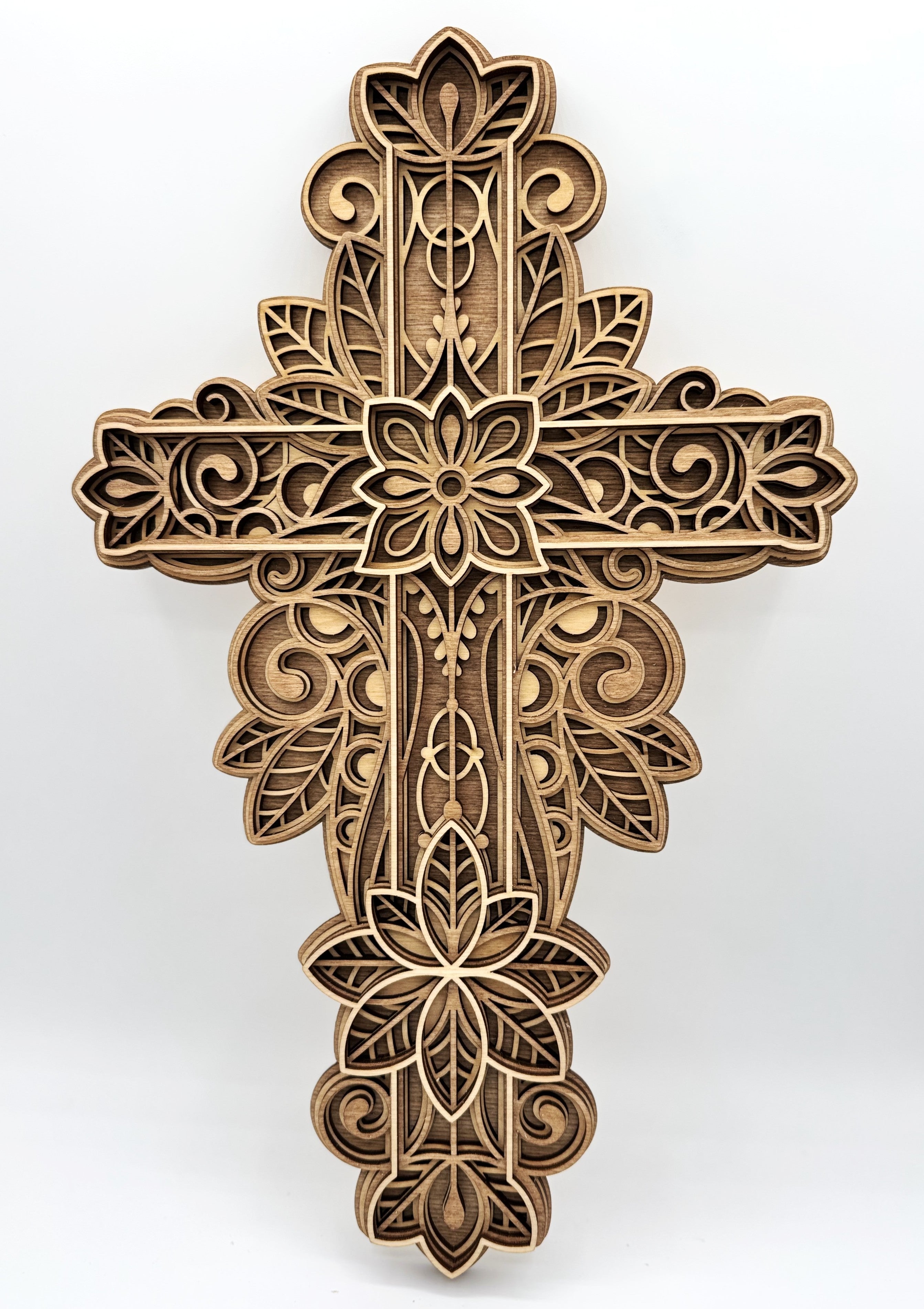 3D Ornate Layered Floral Wood Cross Filigree