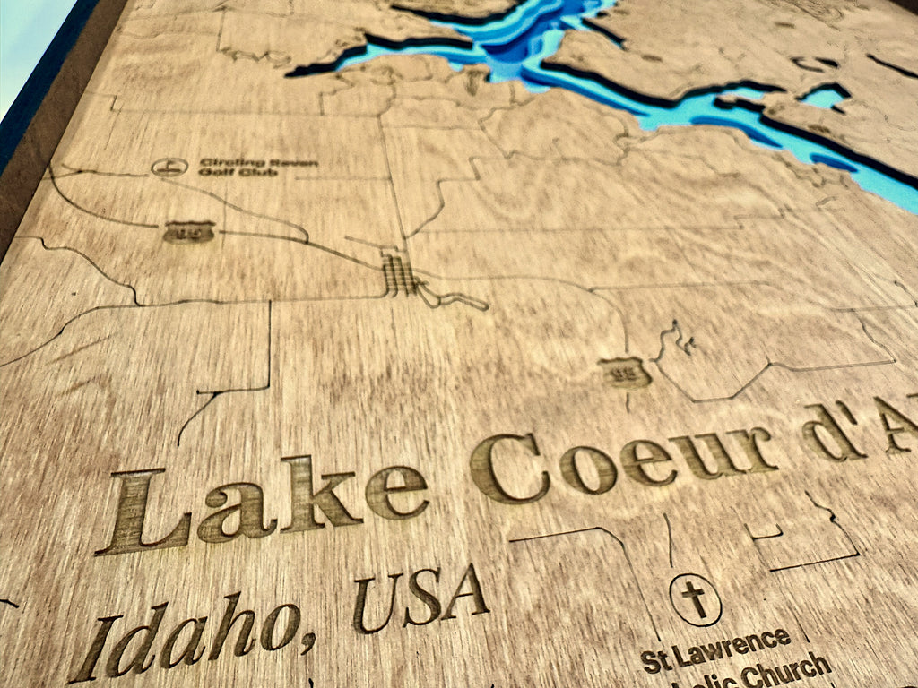 Lake Coeur d’Alene 3D Wood Topography Map