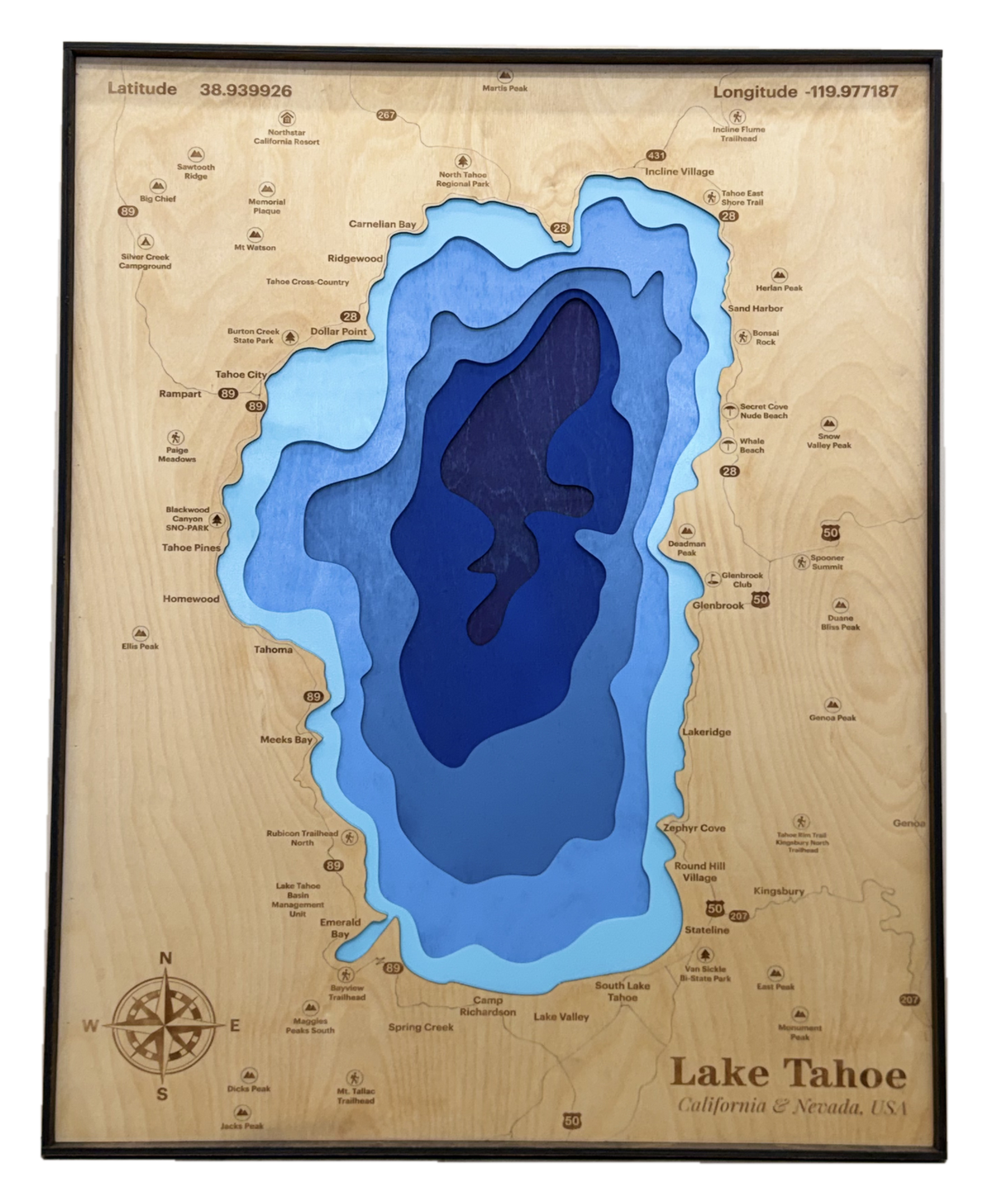 Lake Tahoe 3D Wood Topography Map