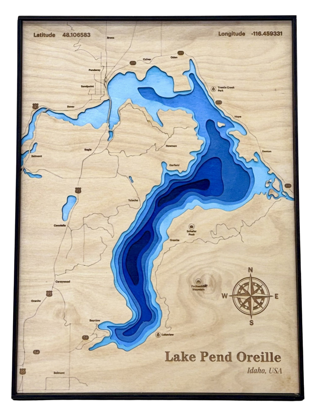 Lake Pend Oreille 3D Wood Topography Map