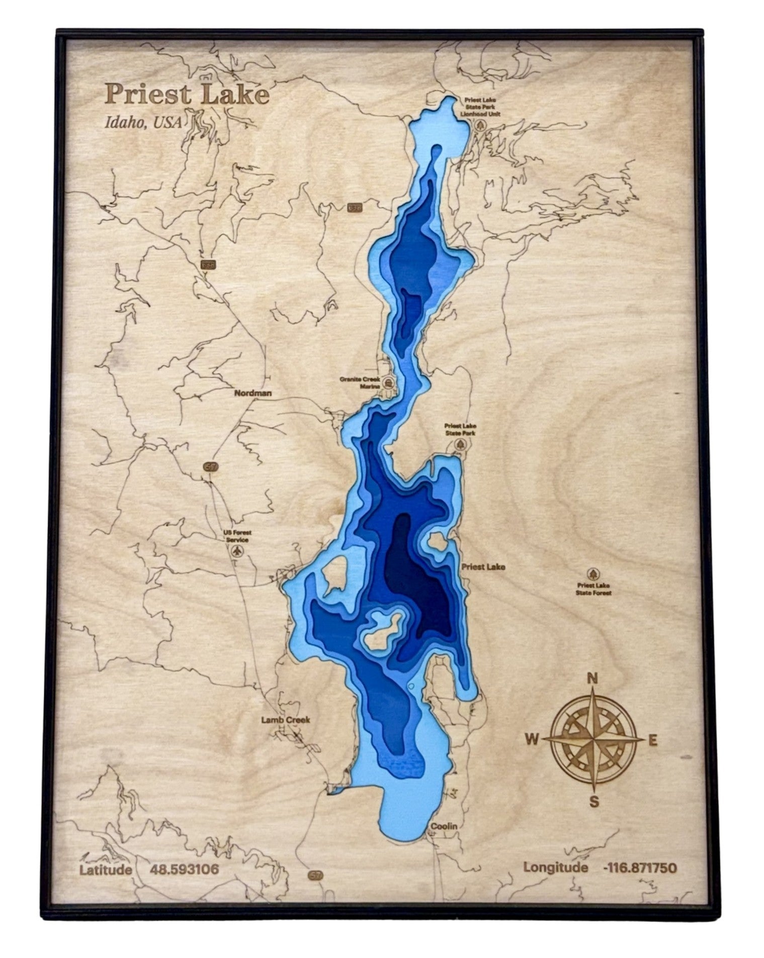 Priest Lake 3D Wood Topography Map